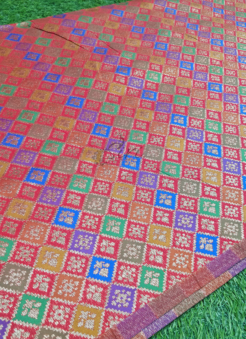 Red Banarasi Silk Fabric in Multi Colour Weave