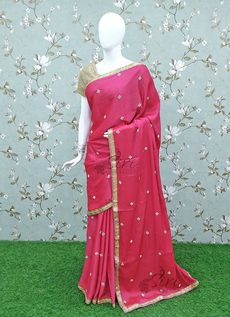 Designer Pink Satin Crepe Silk Saree with Metal Diamond Work Butis