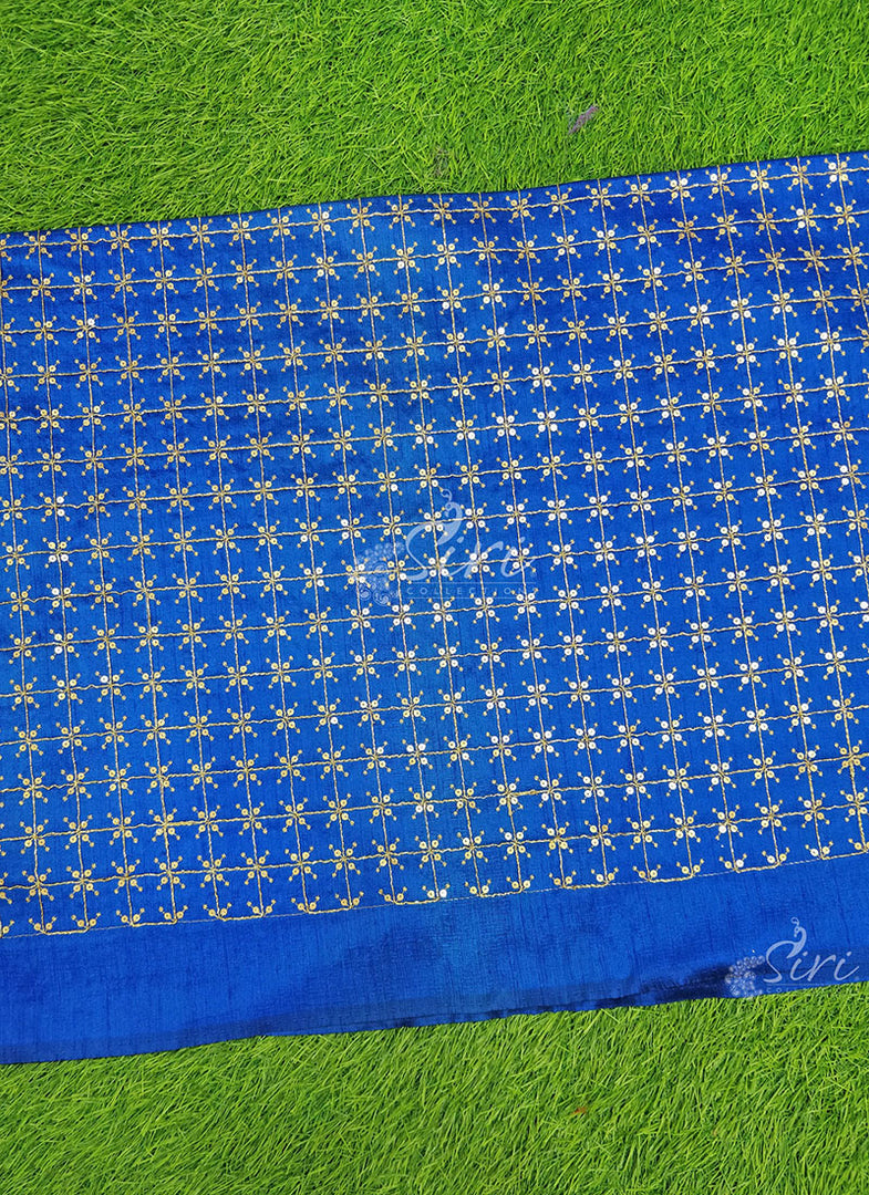 Beautiful Royal Blue Raw Silk Embroidery Fabric