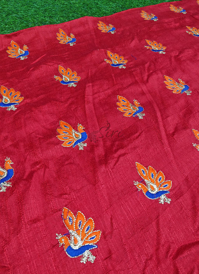 Raw Silk Fabric in Peacock Design Buti Embroidery