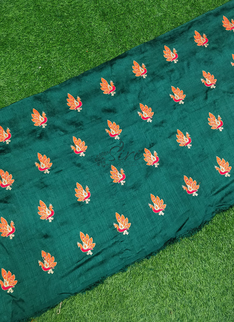 Raw Silk Fabric in Peacock Design Buti Embroidery