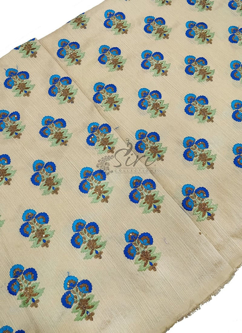 Offwhite Raw Silk Fabric in Blue Embroidery Work Butis