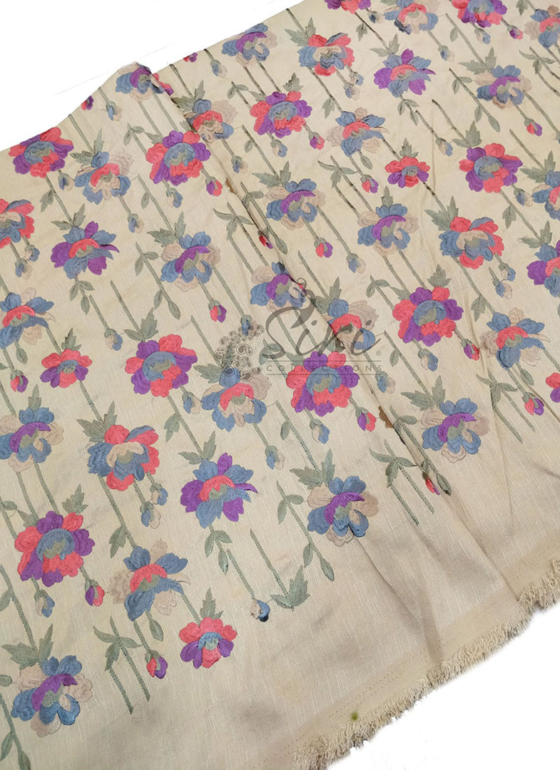 Beautiful Beige Raw Silk Fabric in Embroidery Work