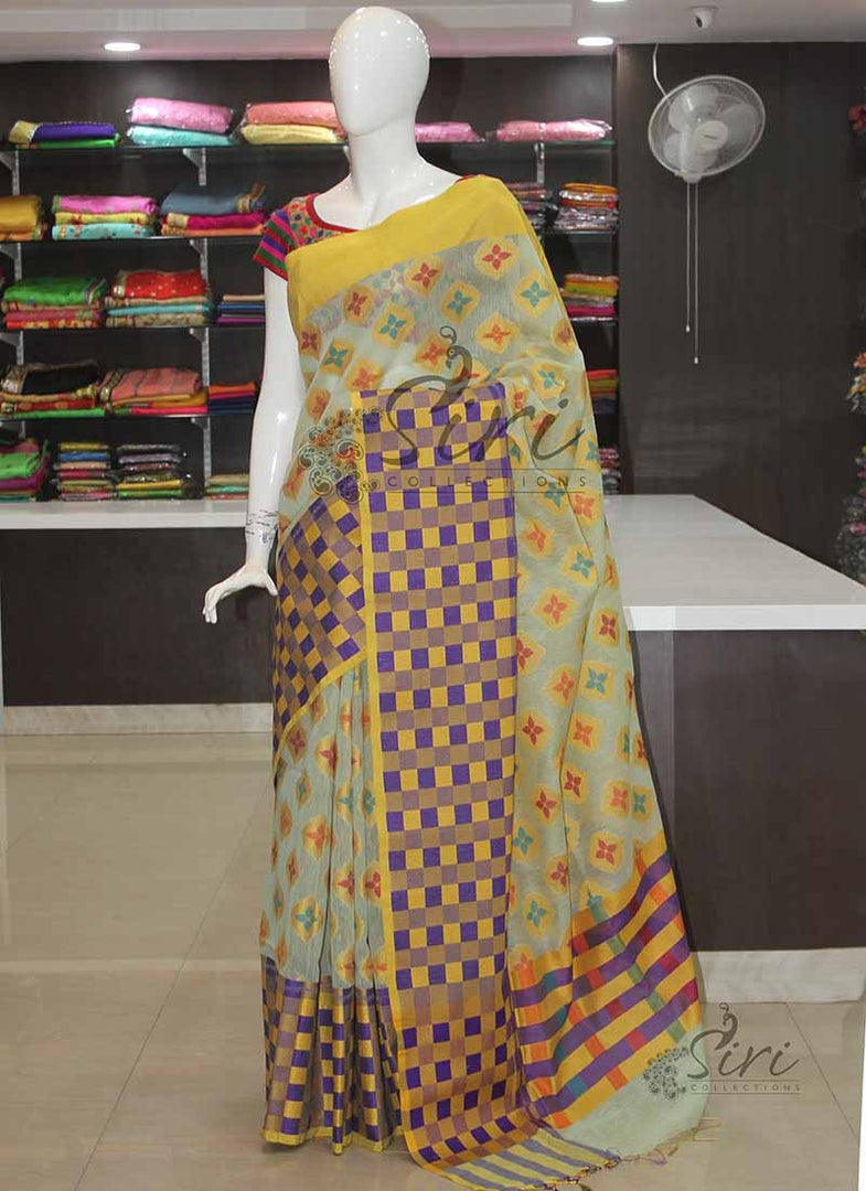 Pastel Shades Banarasi Linen Silk Saree Checks Border