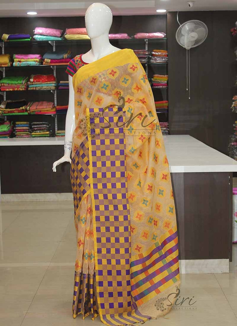 Pastel Shades Banarasi Linen Silk Saree Checks Border