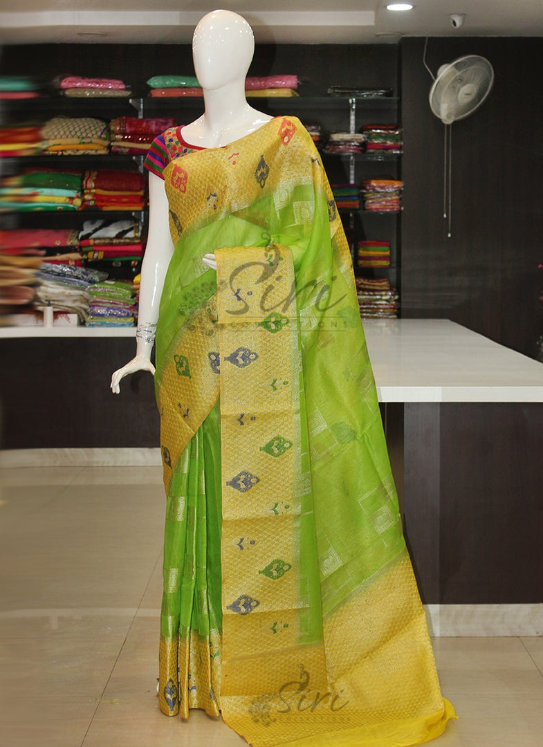 Beautiful Green Yellow Banarasi Linen Saree