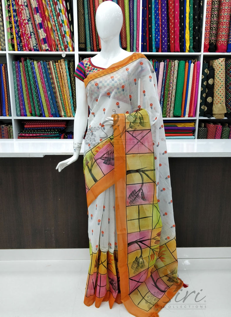 Designer Chanderi Saree in Embroidery Work and Paint
