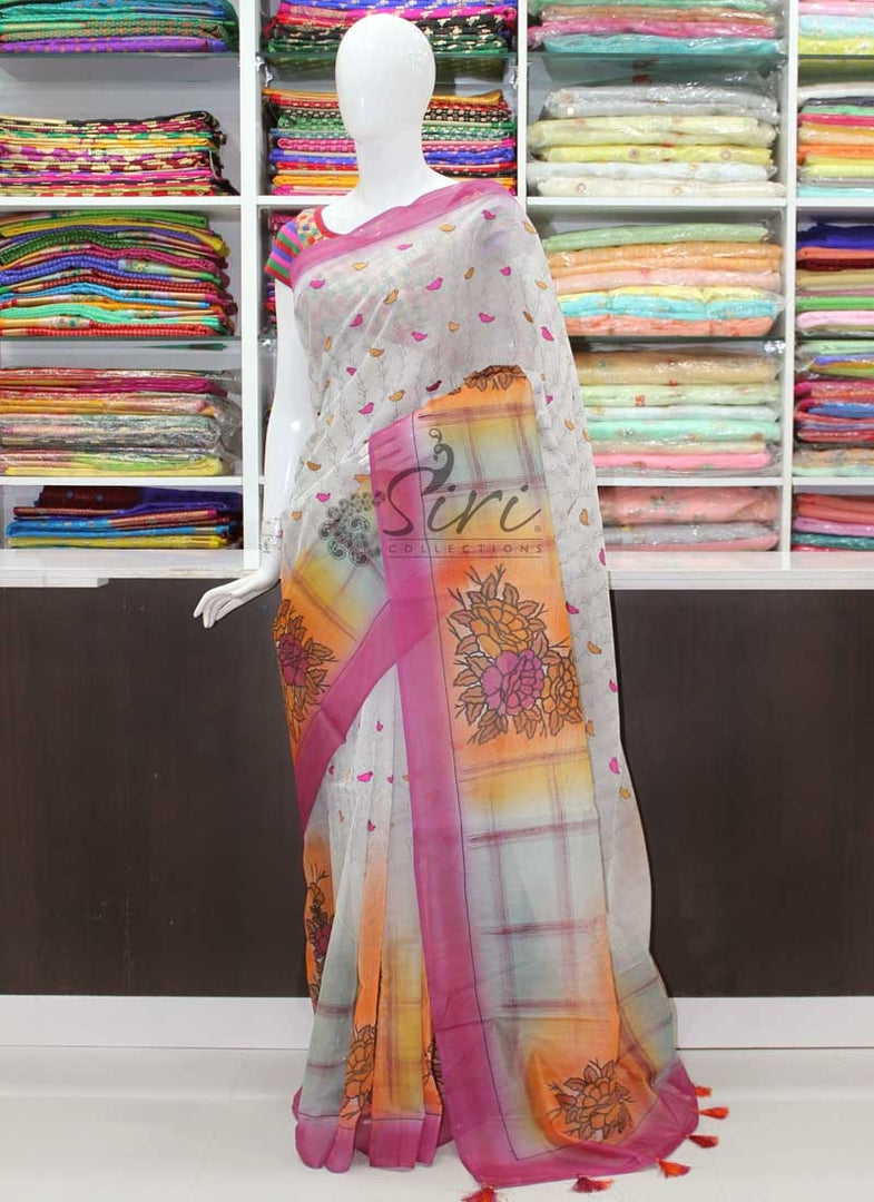 Designer Chanderi Saree in Embroidery Work and Print