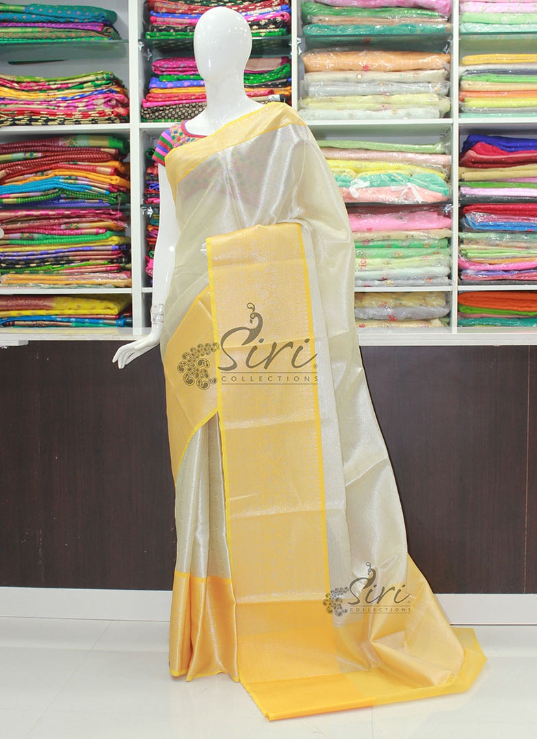 Beautiful Off White Yellow Banarasi Kora Tanchoi Weave Saree