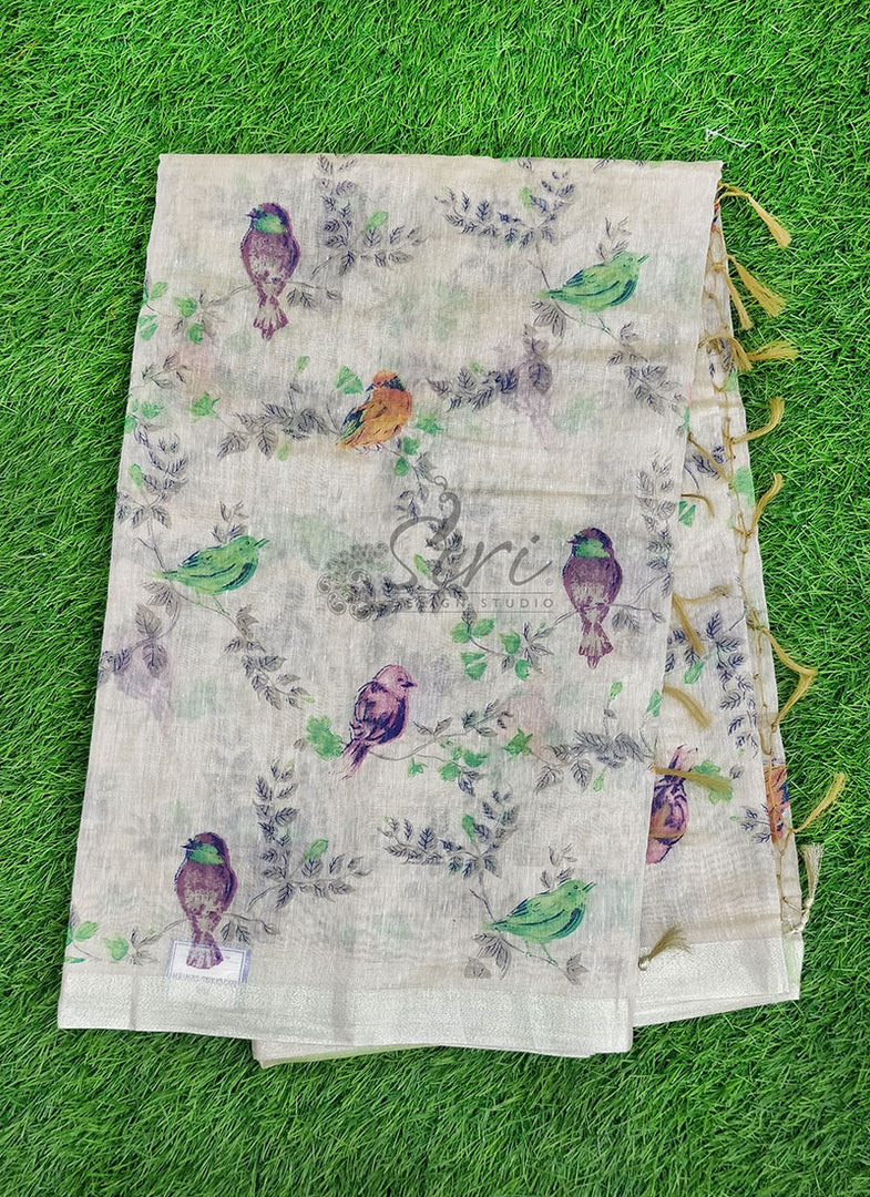 Lovely Cute Birds Print Linen Cotton Saree