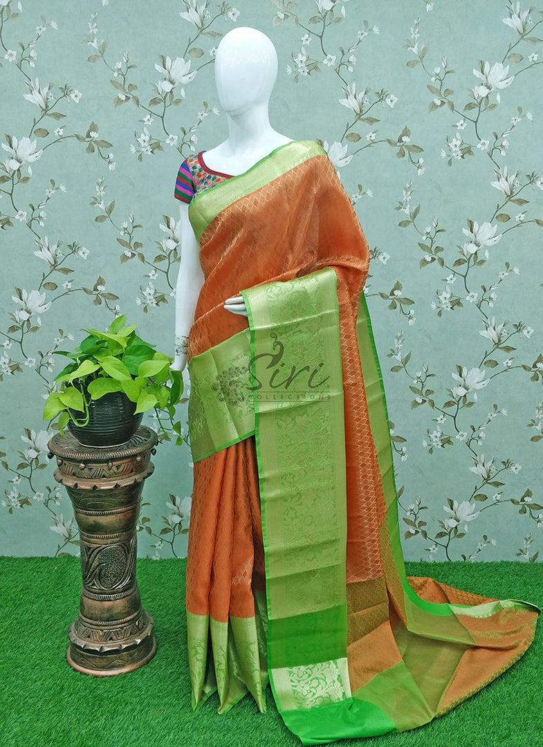 Beautiful Orange Green Banarasi Silk Saree