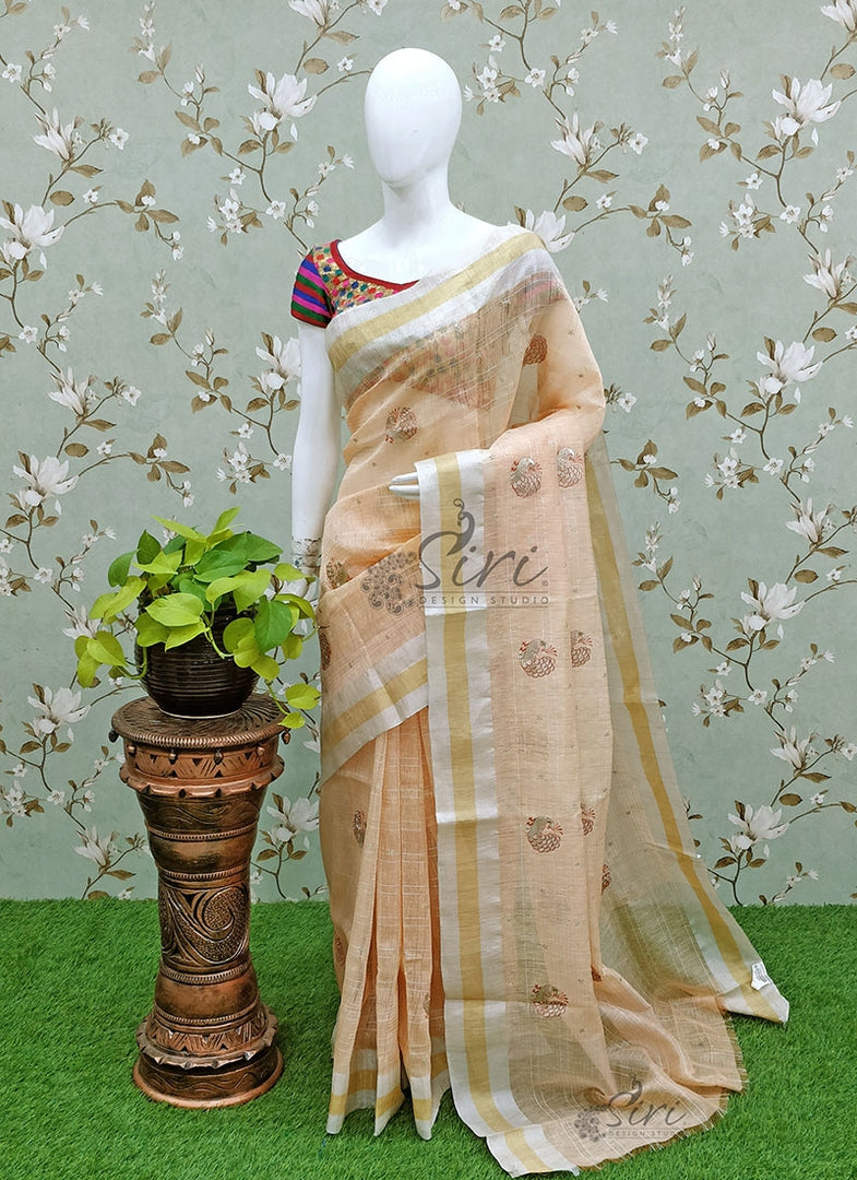 Beautiful Peach Banarasi Linen Saree with Embroidery Work Butis
