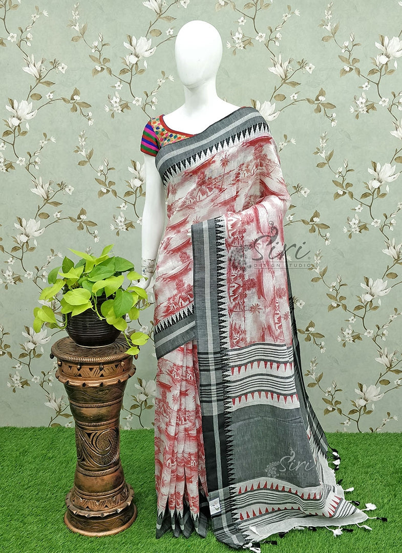 Beautiful Printed Pure Linen Saree in Temple Borders