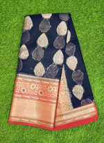 Load image into Gallery viewer, Beautiful Navy Blue and Red Soft Organza Paithani Saree