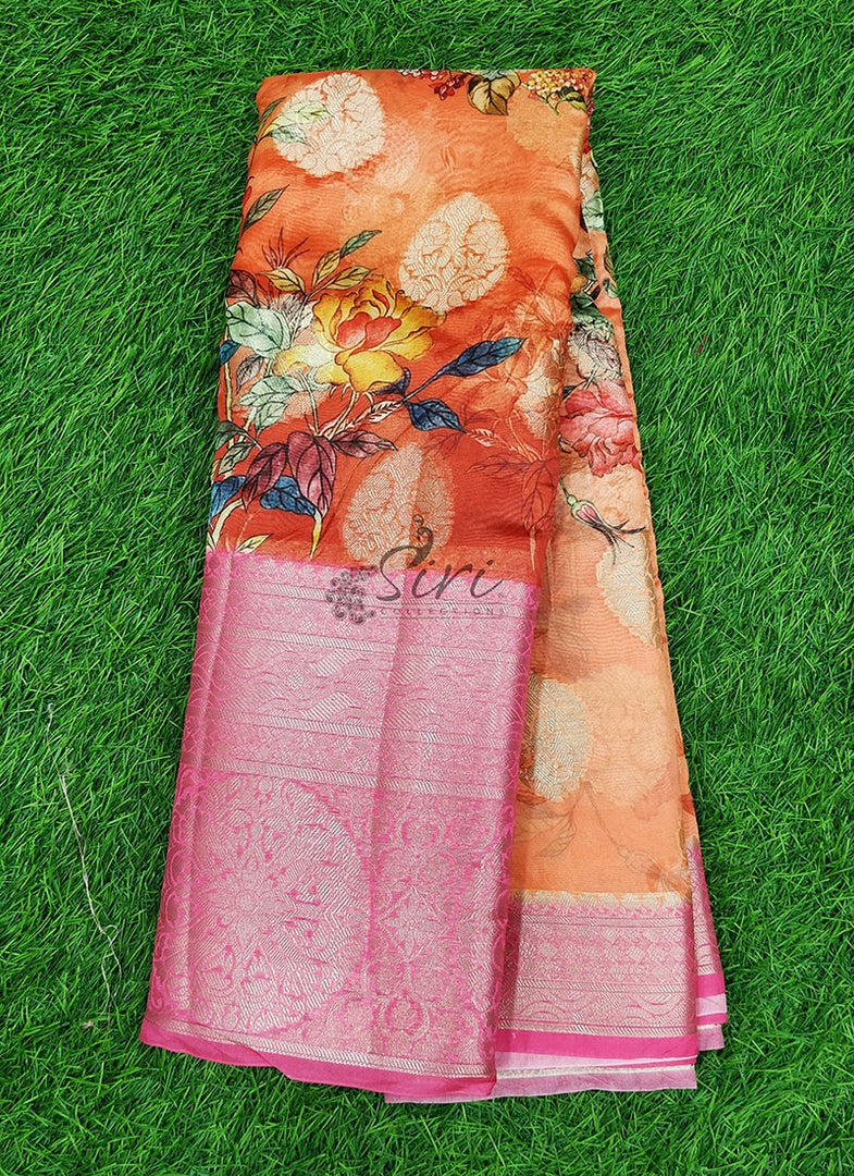 Beautiful Floral Printed Organza Saree with Kanchi Border