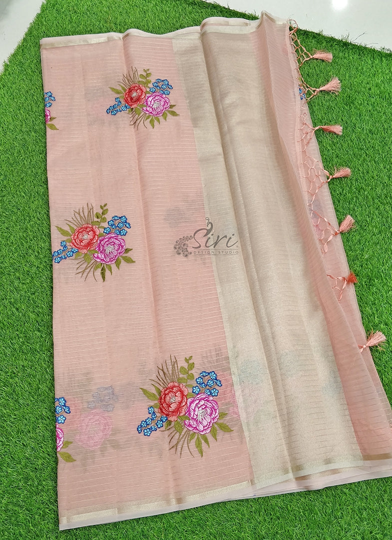 Lovely Organza Saree in Zari Stripes and Embroidery Work Butis