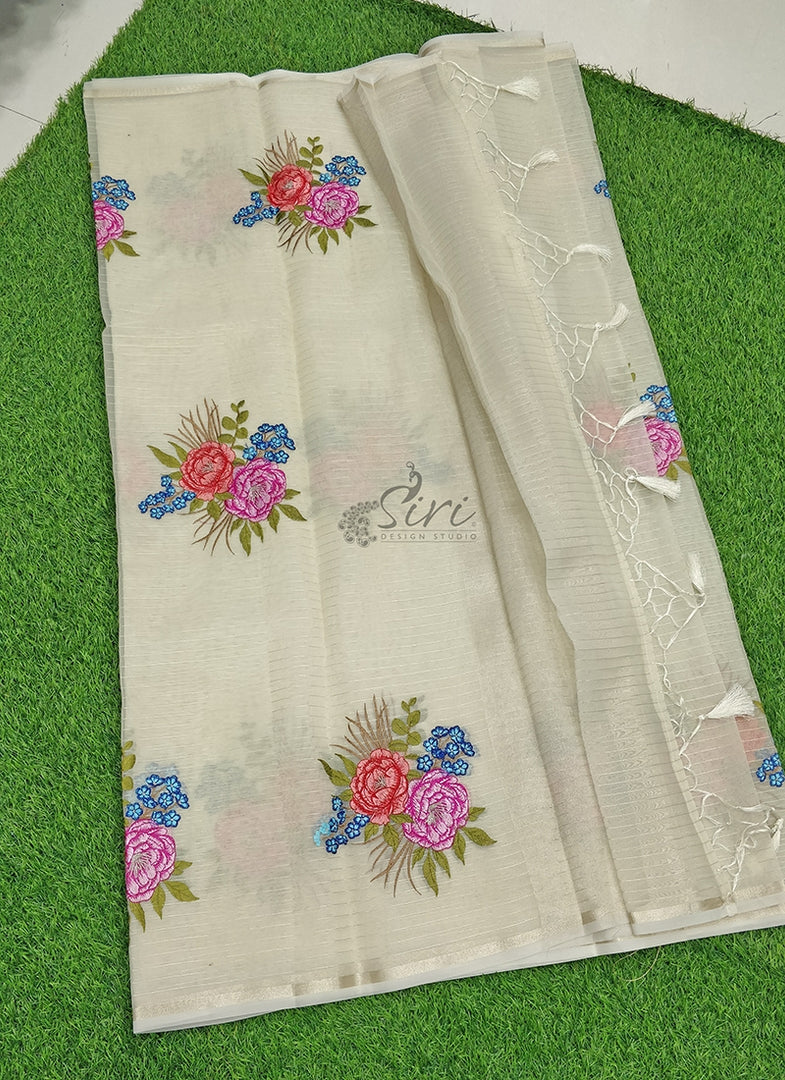 Lovely Organza Saree in Zari Stripes and Embroidery Work Butis