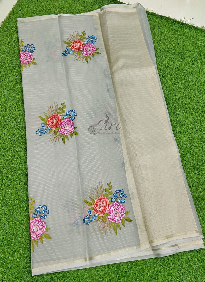 Lovely Organza Saree in Zari Stripes and Embroidery Work Butis