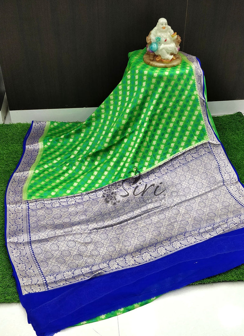 Beautiful Green Blue Pure Banarasi Georgette Saree