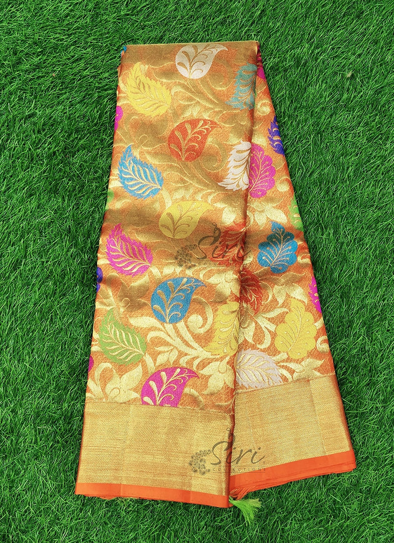 Beautiful Orange Tissue Pure Handloom Kanchi Pattu Saree in Multi colour Weave