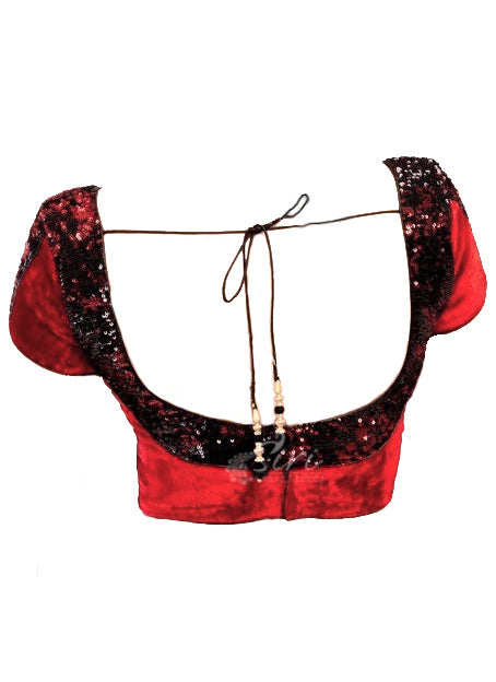 Dark Red Velvet Sequins Work Stitched Padded Blouse