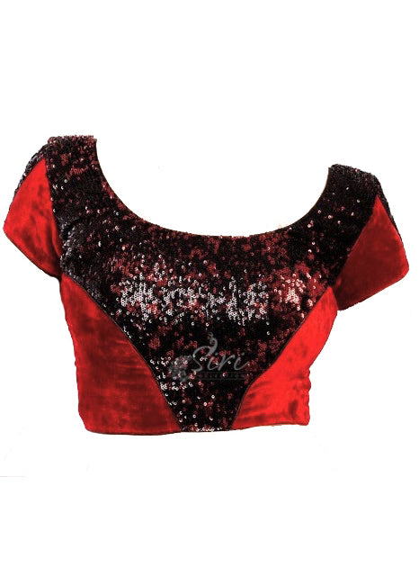Dark Red Velvet Sequins Work Stitched Padded Blouse