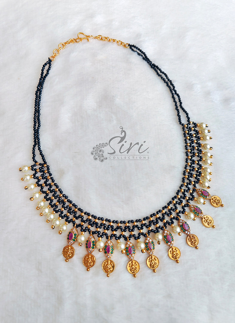 Beautiful Handmade Necklace Black Spinel Beads and Lakshmi Kasu