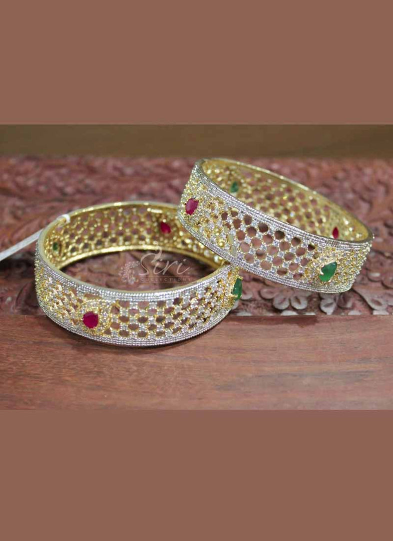 Designer CZ Pair of Bangles in Ruby and Emerald
