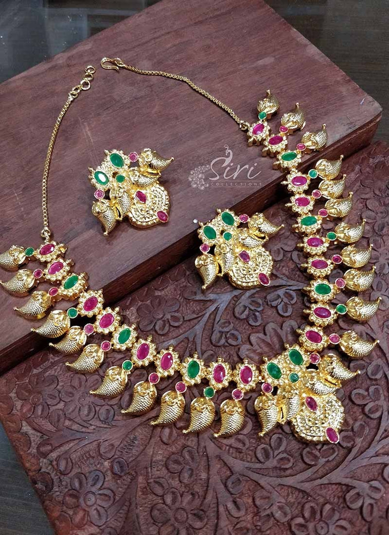 Traditional Micro Polish Gold Plated Ruby Emerald Stone Necklace Set