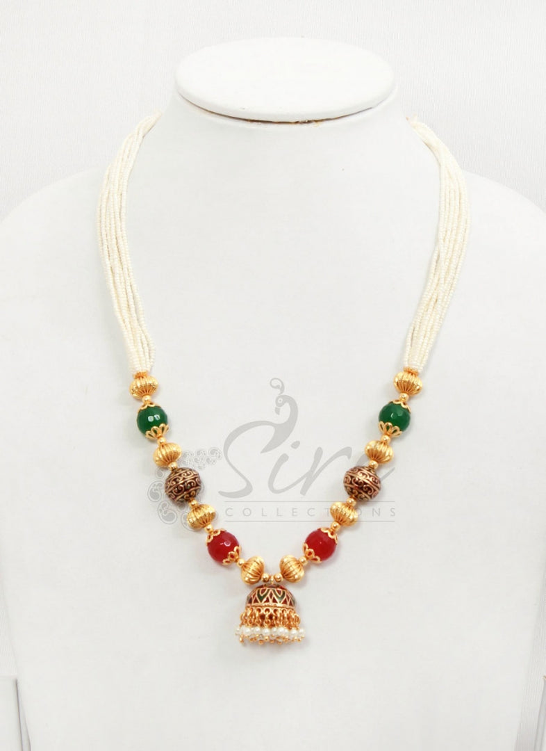 Lovely Beads Necklace Set in Meena Jhumki Pendant