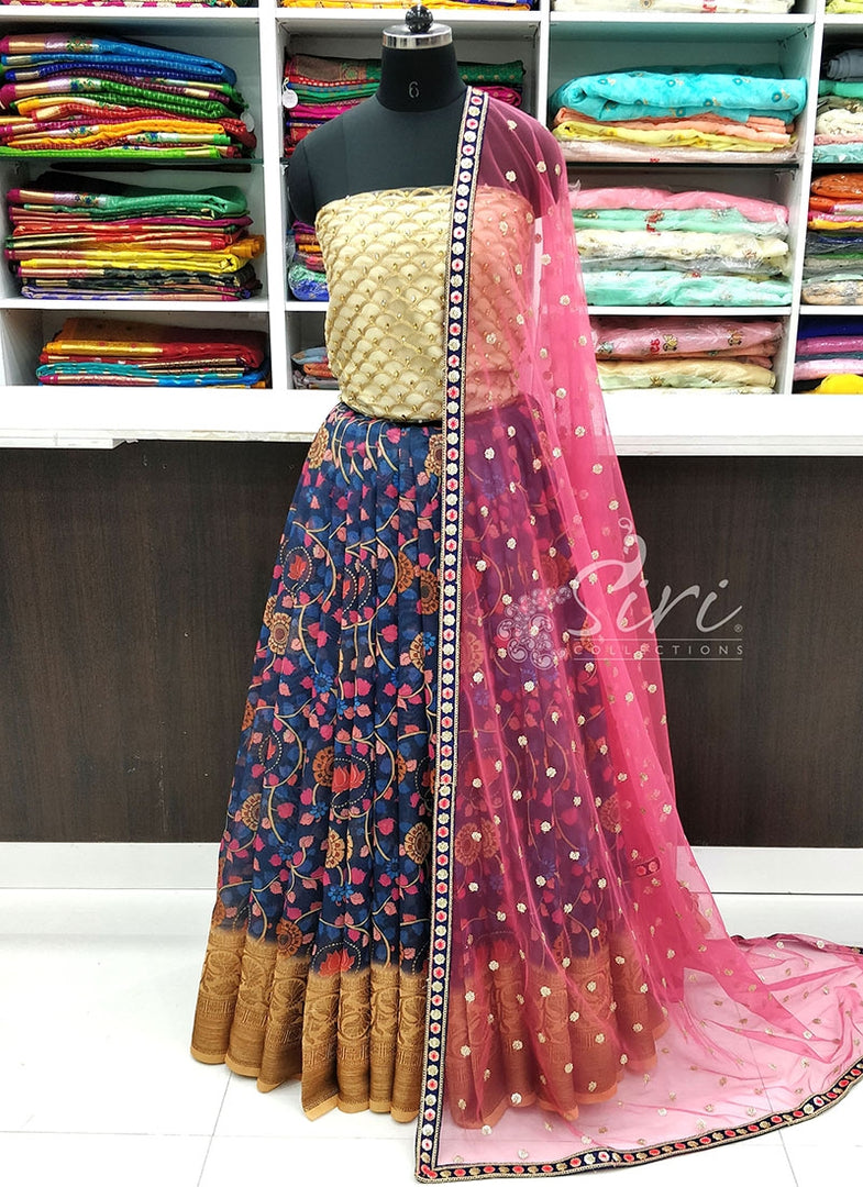 Kalamkari Banarasi Dupion Chanderi Silk Lehenga Fabric With Designer Dupatta