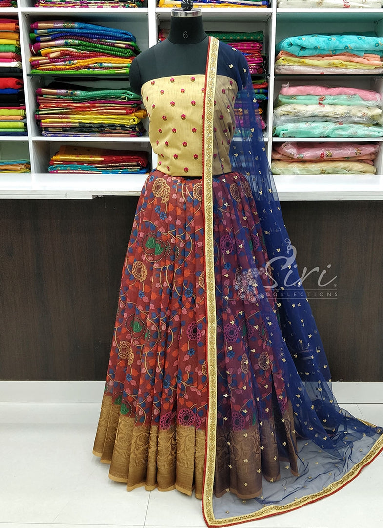 Kalamkari Banarasi Dupion Chanderi Silk Lehenga Fabric With Designer Dupatta